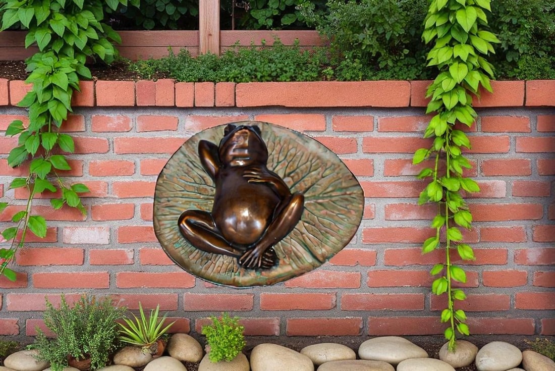 Relaxed Frog Supine on a Lily Bronze Statue Wall Fountain 14" x 6" x 12"H - 5