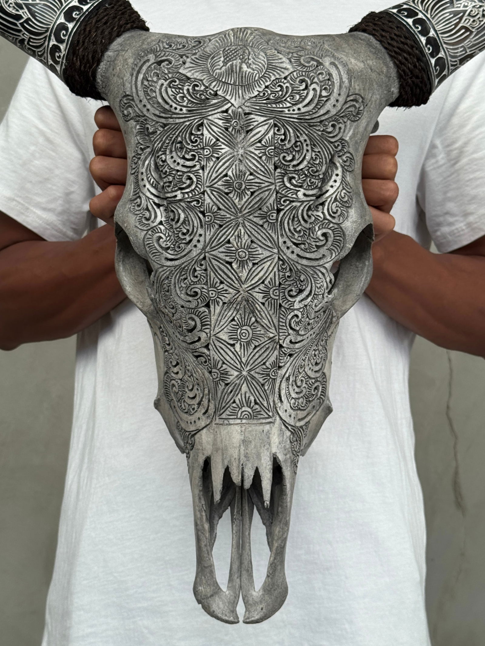 Carved cow skull with carved horns - Ketimun lotus motif - 10