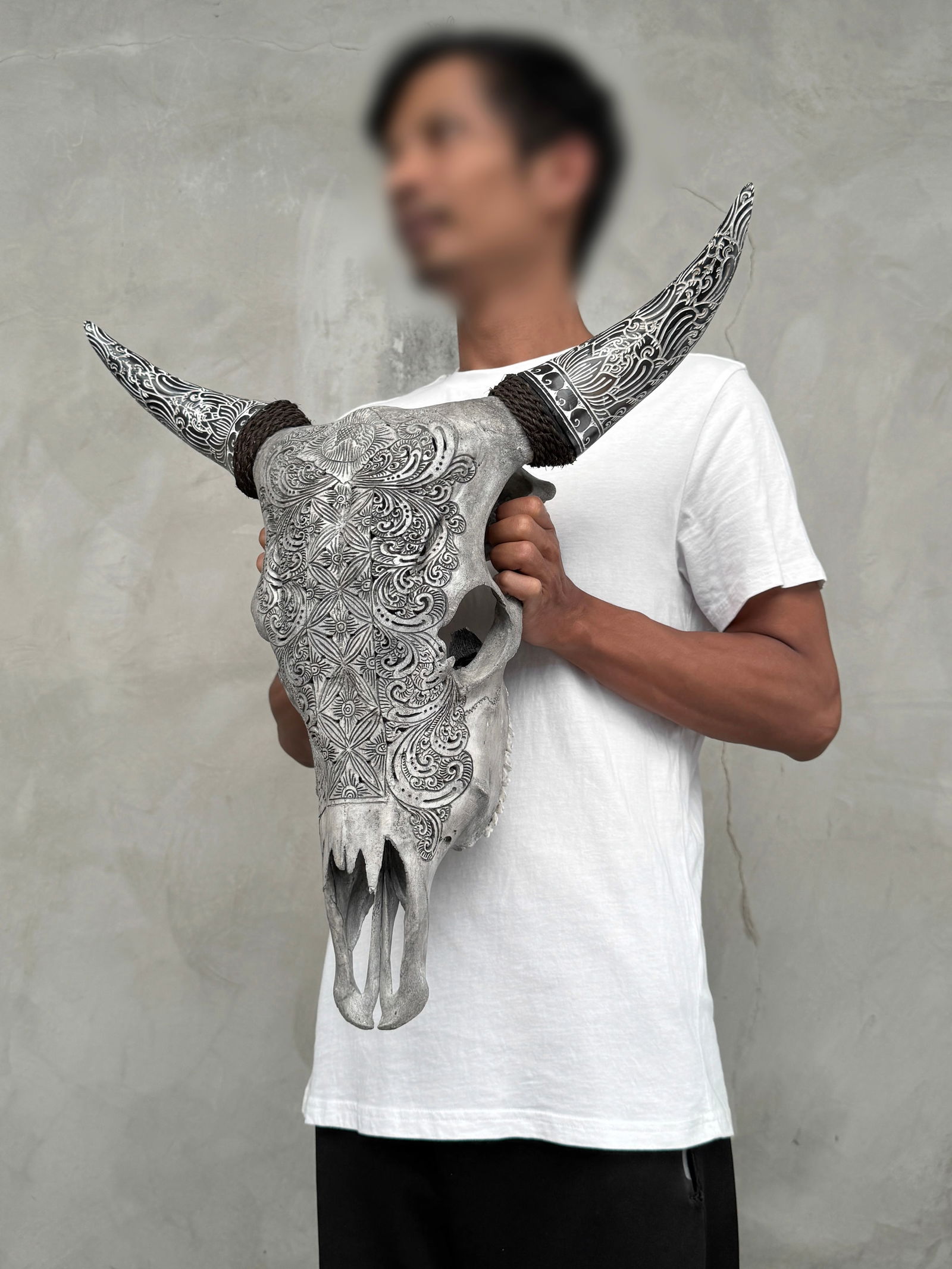 Carved cow skull with carved horns - Ketimun lotus motif - 2