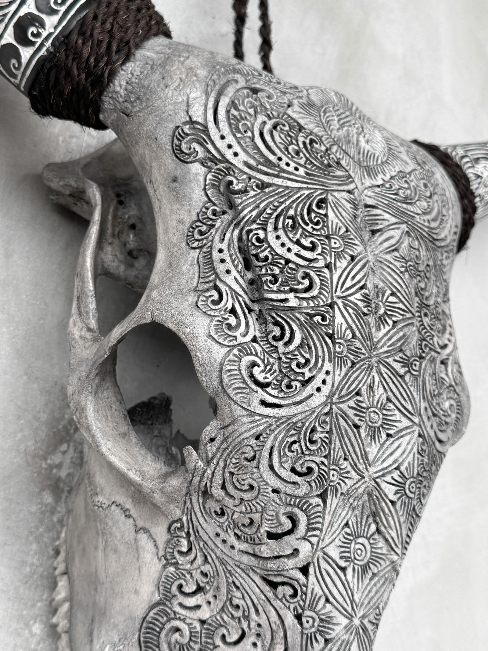 Carved cow skull with carved horns - Ketimun lotus motif - 6