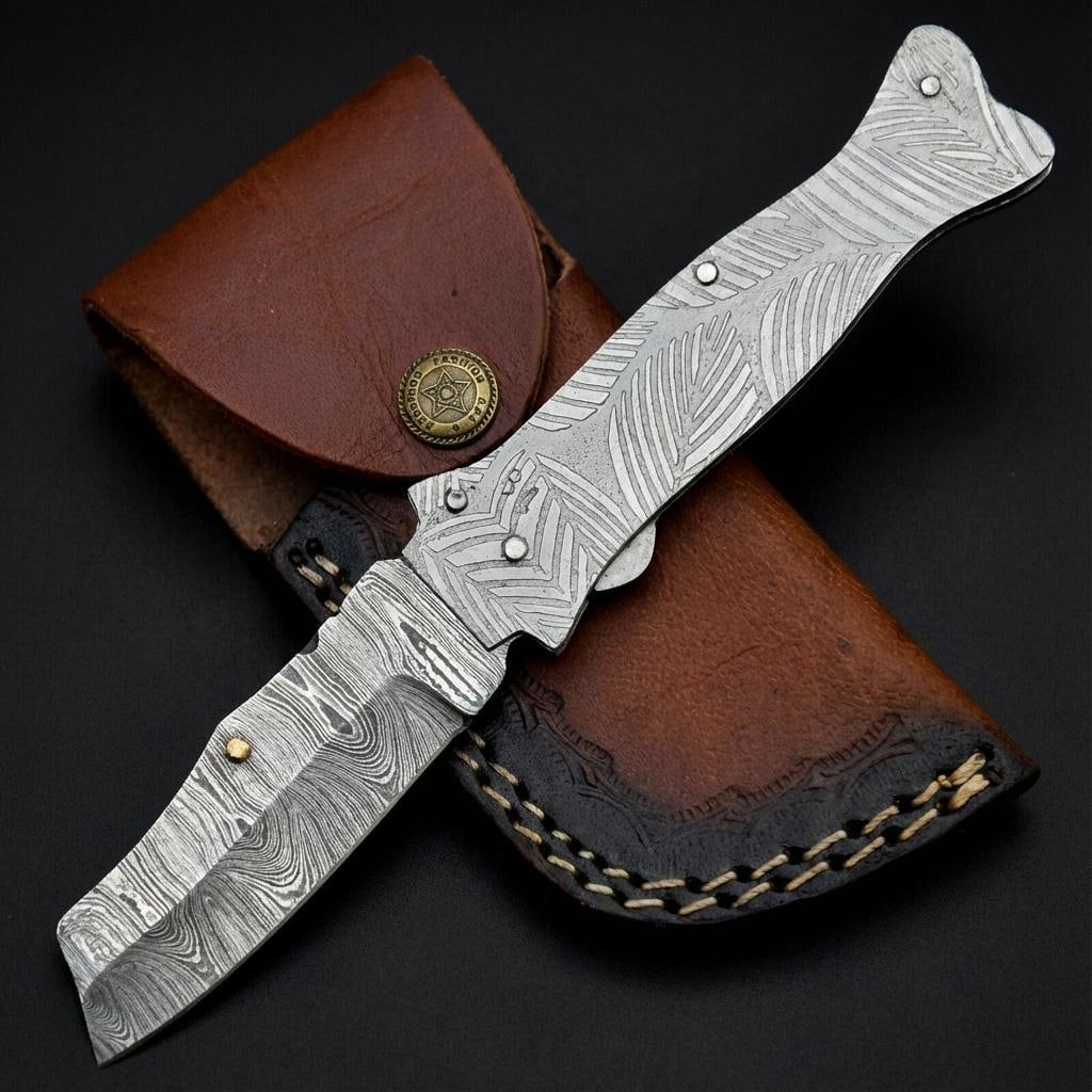 Damascus Steel Folding Pocket Knife Twist Pattern Blade Engraved Handle w/ Sheath: Title:Damascus Steel Folding Pocket Knife Twist Pattern Blade Engraved Handle w/ Sheath Description:This listing is for a hand-forged folding pocket knife featuring a distinctive Damascus steel blade