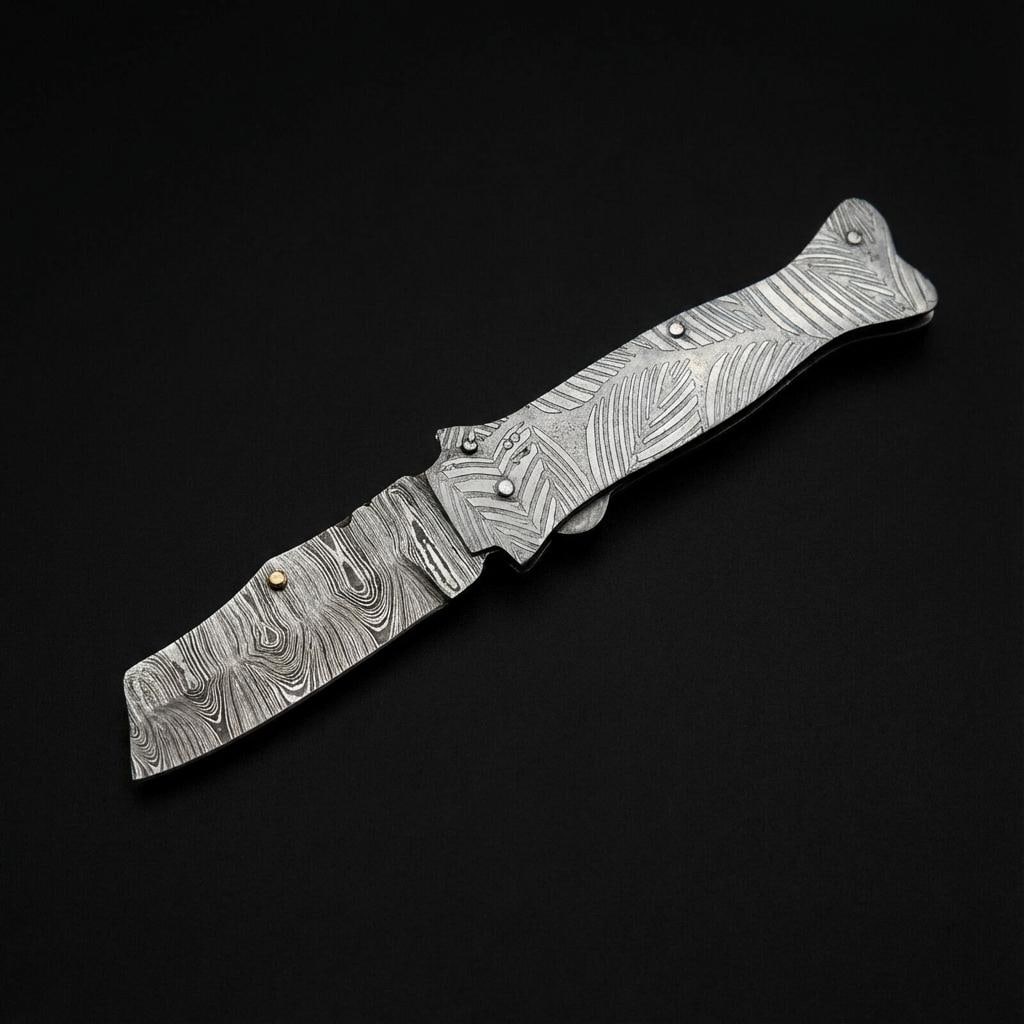 Damascus Steel Folding Pocket Knife Twist Pattern Blade Engraved Handle w/ Sheath - 3