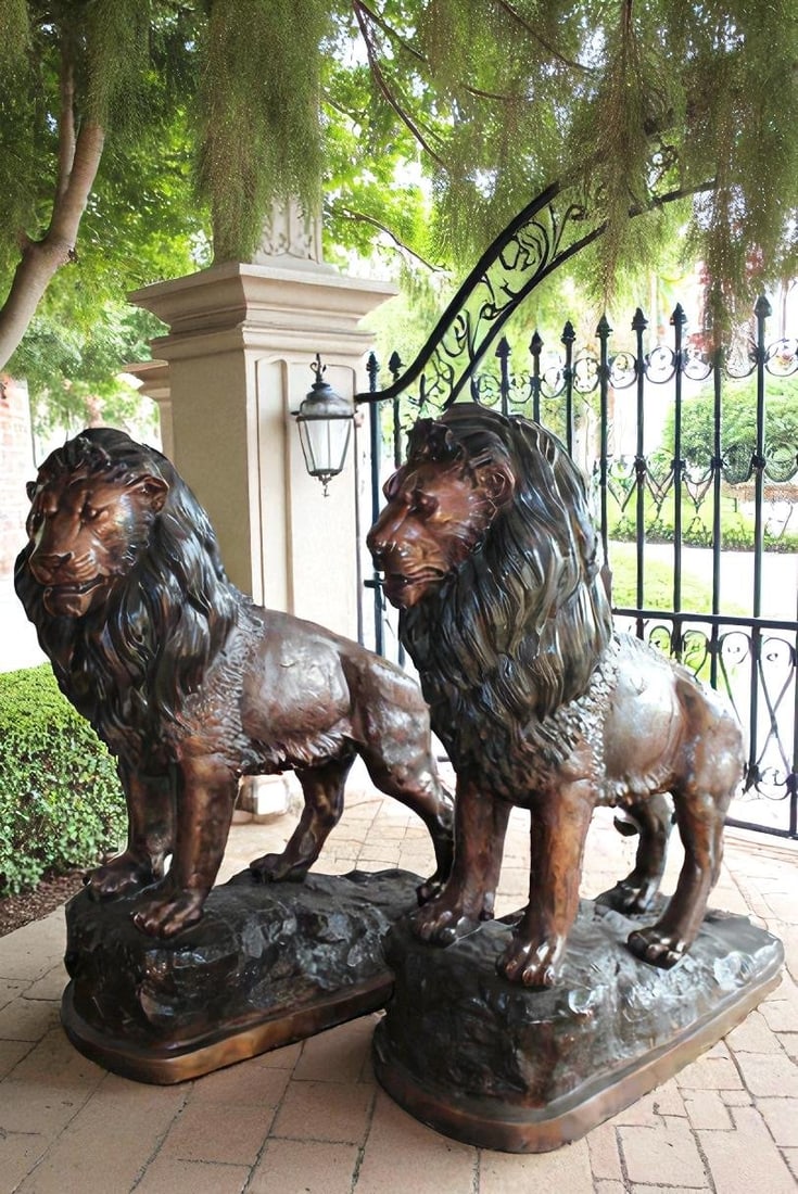 Lifesized Pair of Lions Bronze Statues 58" x 30" x 62"H - 2
