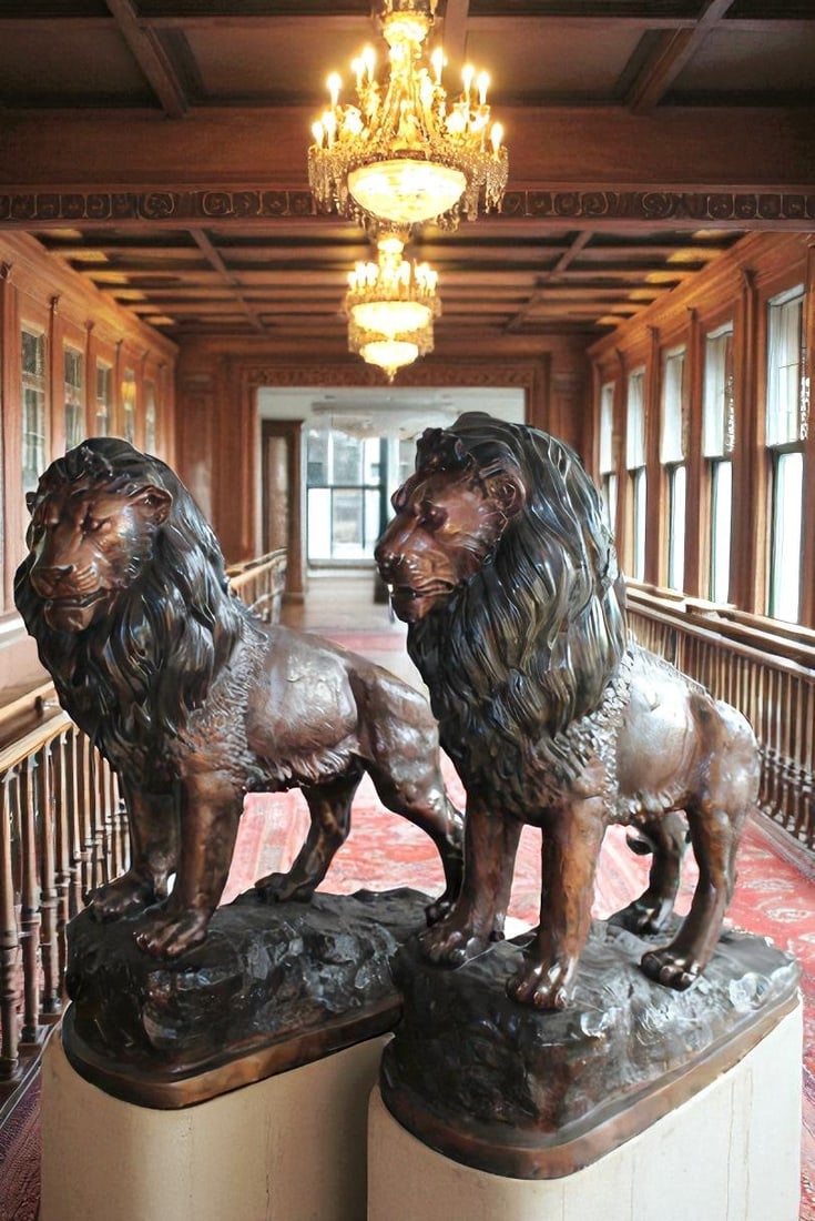 Lifesized Pair of Lions Bronze Statues 58" x 30" x 62"H - 3