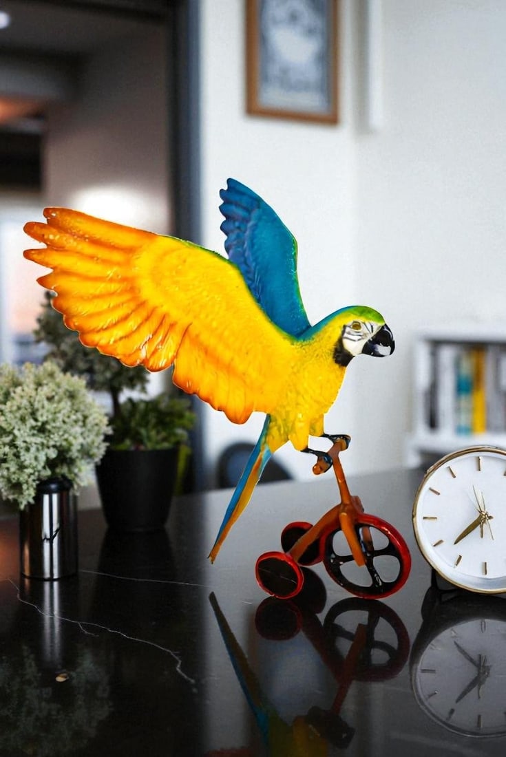 Colorful Parrot Riding a Tricycle Bronze Statue Size: 17" x 11" x 19"H - 2
