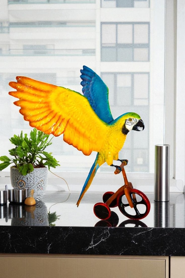 Colorful Parrot Riding a Tricycle Bronze Statue Size: 17" x 11" x 19"H - 3