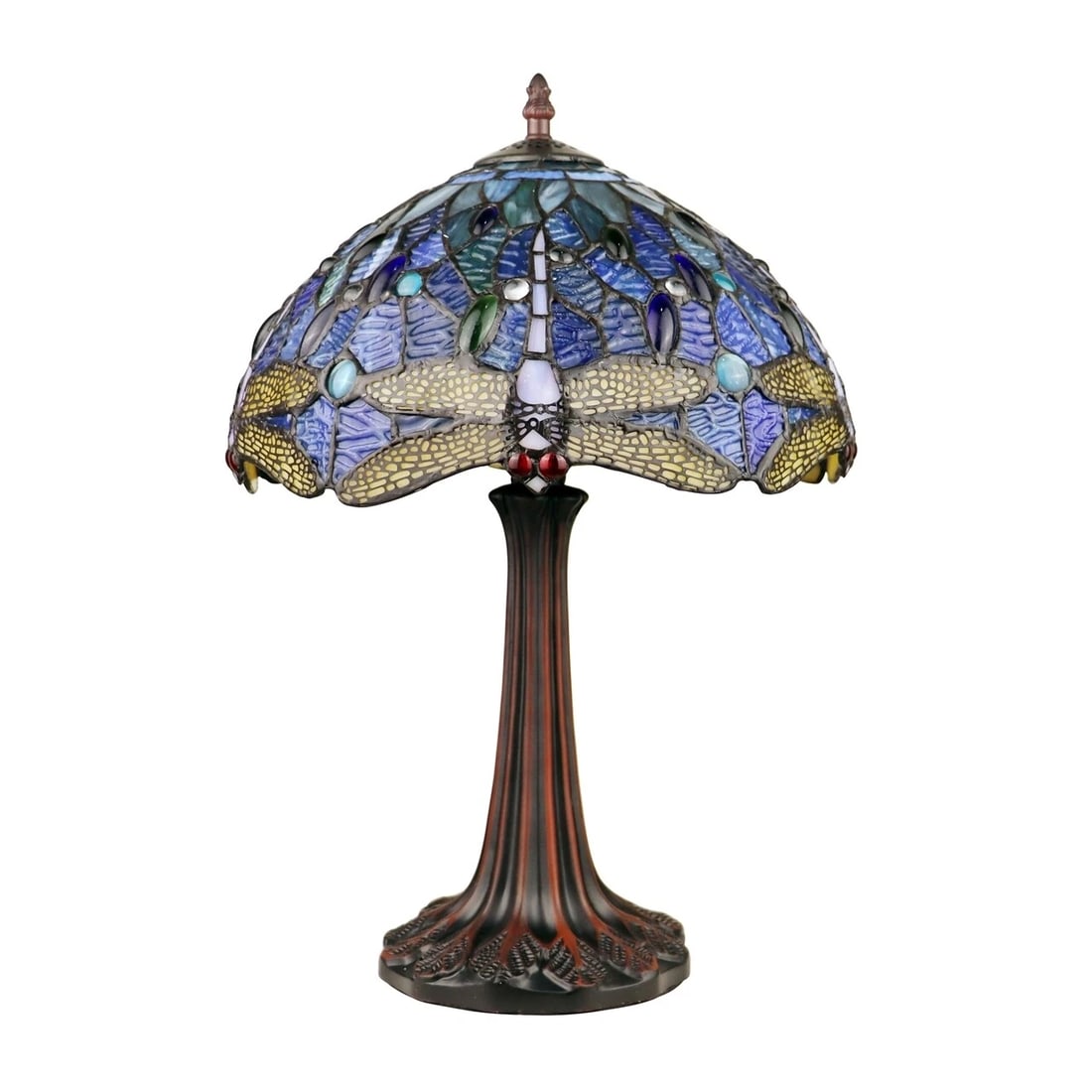 17" Blue Stained Glass Dragonfly Table Lamp: 17.13" Tall x 12" Illuminate your space with the timeless beauty of our reproduction stained glass table Lamp. This exquisite lamp features a hand-made stained glass shade. These captivating reproduct