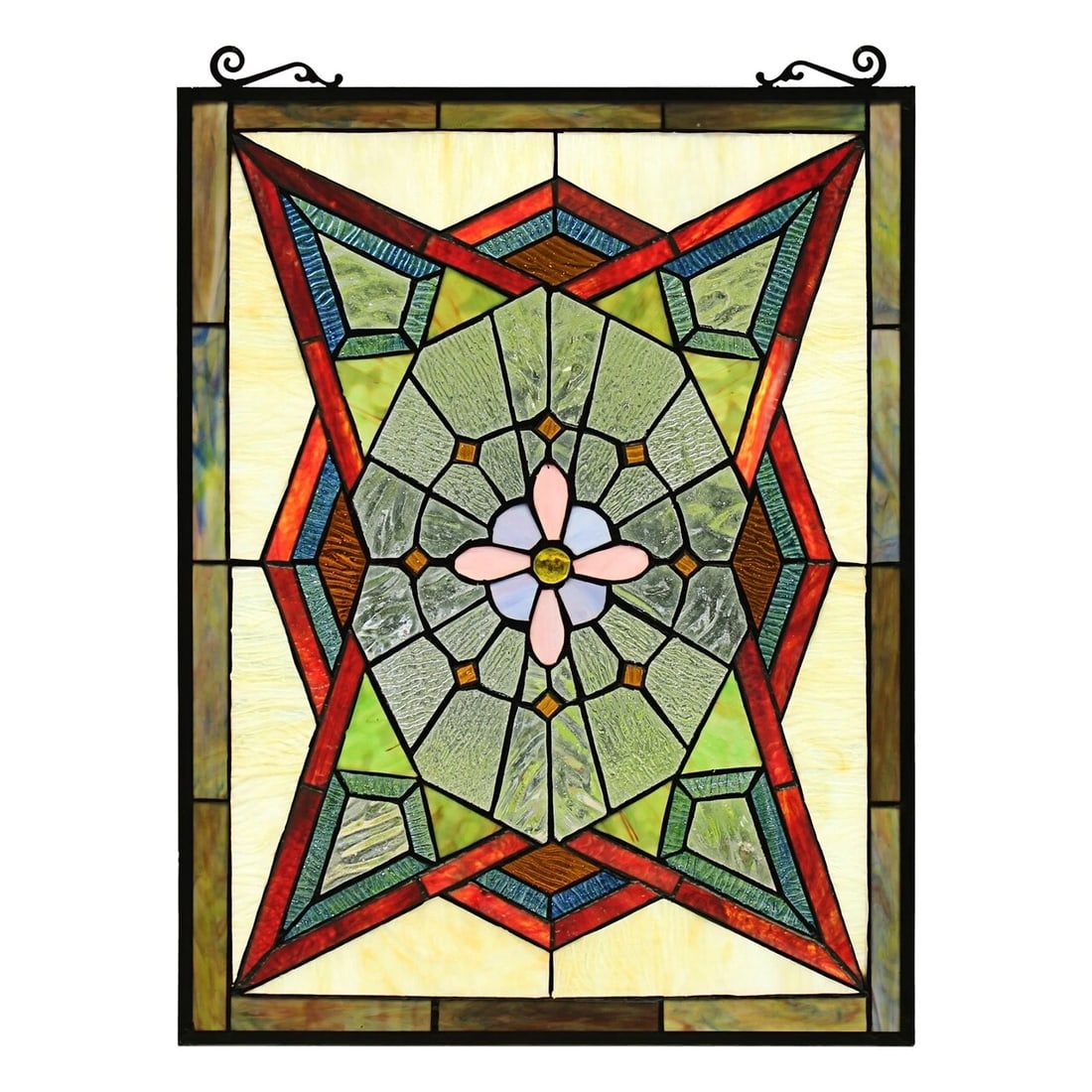 25" Stained Glass Window Hanging Panel Suncatcher: 25" x 17.72" Wide Such a wonderful reproduction stained glass window panel. Be sure to see the images as this piece is really eye catching. Beautiful reds, blues, and a pink and purple flower design i