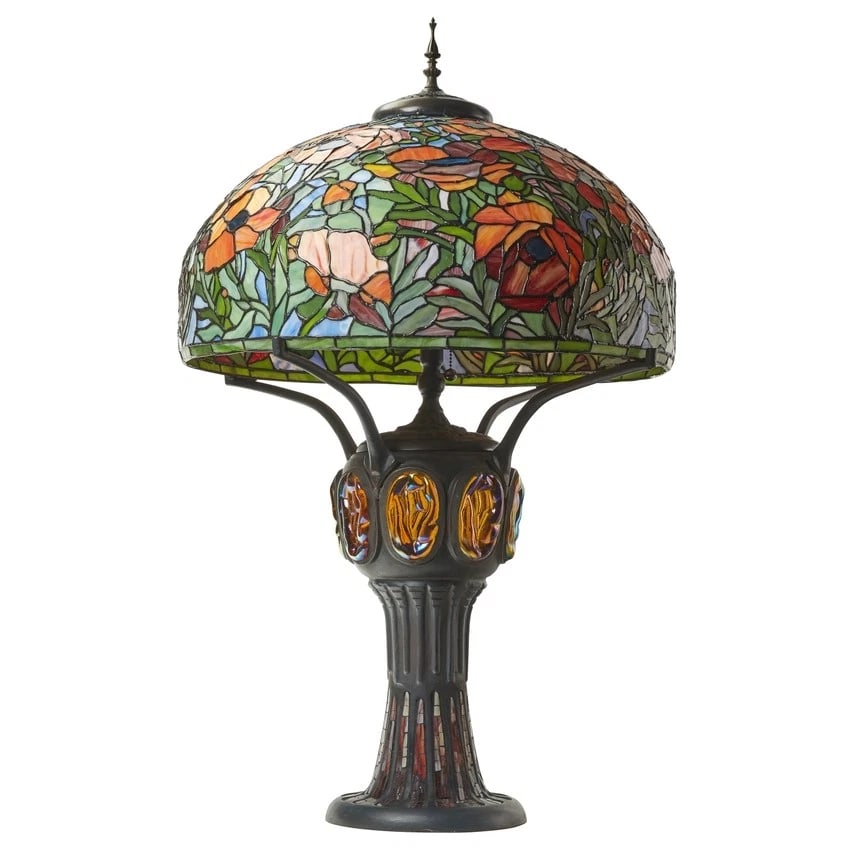 36"H Pink Poppies Tiffany-Style Stained Glass Table Lamp: Wonderful Reproduction antique 36"H Pink Poppies Tiffany-Style Stained Glass Table Lamp. This traditional Tiffany-style table lamp features a stained glass bowl shade showcasing a botanical design of