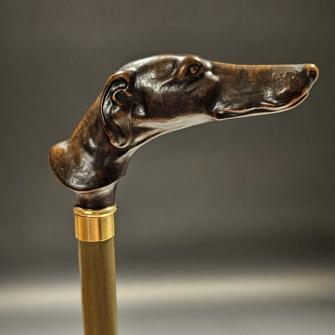 36" Greyhound Dog Walking Stick Cane: 36" Long 3/4" shaft Introducing our beloved reproduction Greyhound walking cane, originating from Italy. Crafted from robust cellulose acetate, this handle sits atop a 3/4" beechwood shaft with a waln