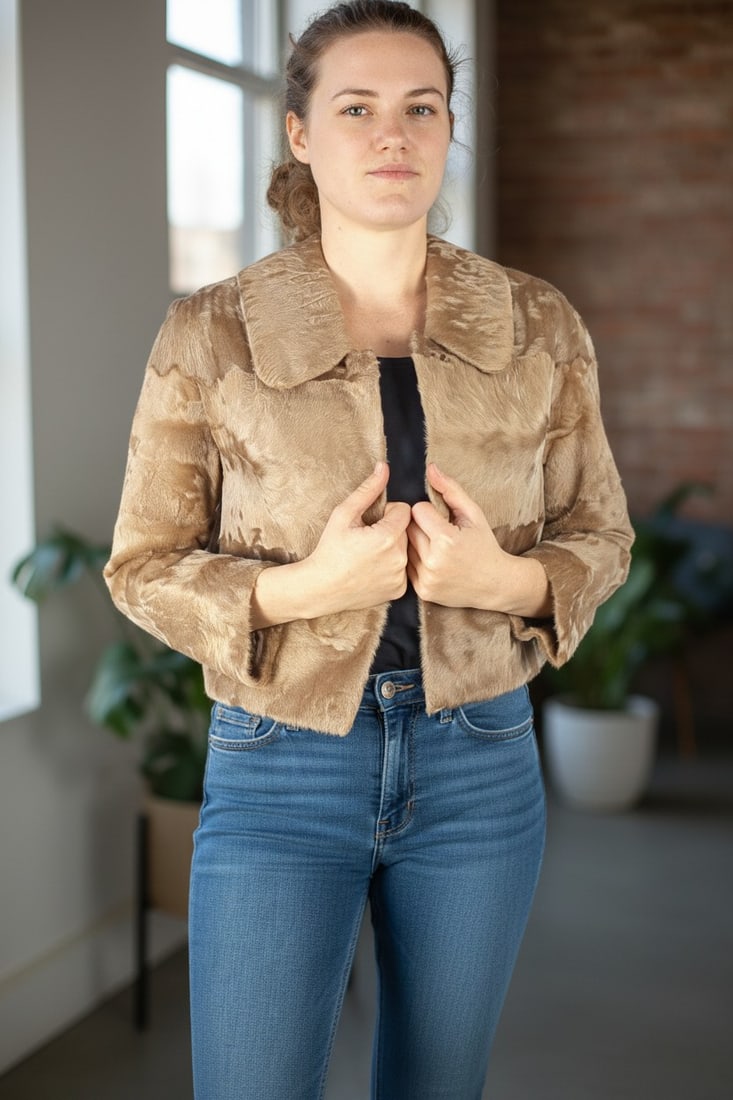 GOLDEN LAMB FUR JACKET EU: M - US:14: Title: GOLDEN LAMB FUR JACKET EU: M - US:14 Dimensions: Approximate size- EU: M; US: 14 : Important details: Length: 50cm/19.69in -Shoulders width:45cm/17.72in -Sleeve Length:52cm/20.47in -Bust size