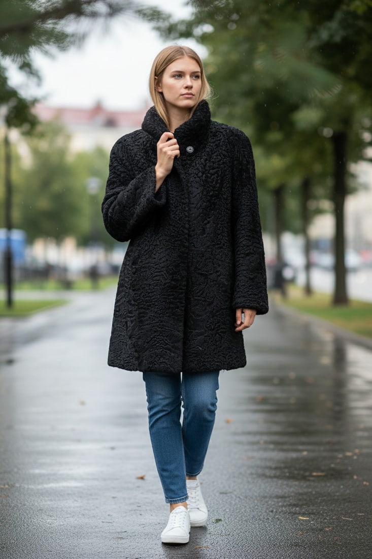 BLACK KARABUL FUR COAT EU: XL - US:20: Title: BLACK KARABUL FUR COAT EU: XL - US:20 Dimensions: Approximate size- EU: XL ; US: 20 : Important details: Length: 85cm/33.46in -Shoulders width:52cm/20.47in -Sleeve Length:60cm/23.62in -Bust siz