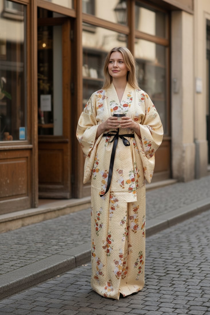 GOLDEN FLORAL KIMONO: Title: GOLDEN FLORAL KIMONO Dimensions: Approximate size: Length from collar: 150 cm;59.05 in; Length from sleeve to sleeve:125 cm; 49.21in; Description: We offer in house shipping - Fedex/UPS