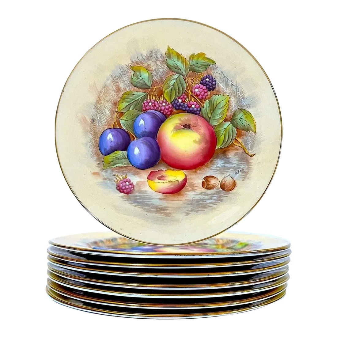Aynsley Orchard Fruit Gold Luncheon/Salad Plates - Hand-Painted - Set of Eight: First introduced in the 1930's - the Aynsley fine bone china "Orchard Fruit Gold" pattern has long been considered their finest. Highly collected this set of eight luncheon/salad plates feature a desi