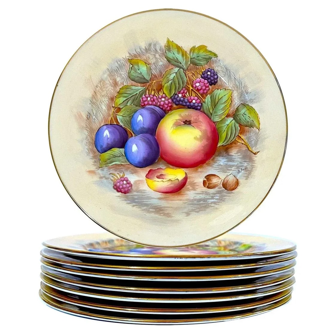 Aynsley Orchard Fruit Gold Luncheon/Salad Plates - Hand-Painted - Set of Eight - 9