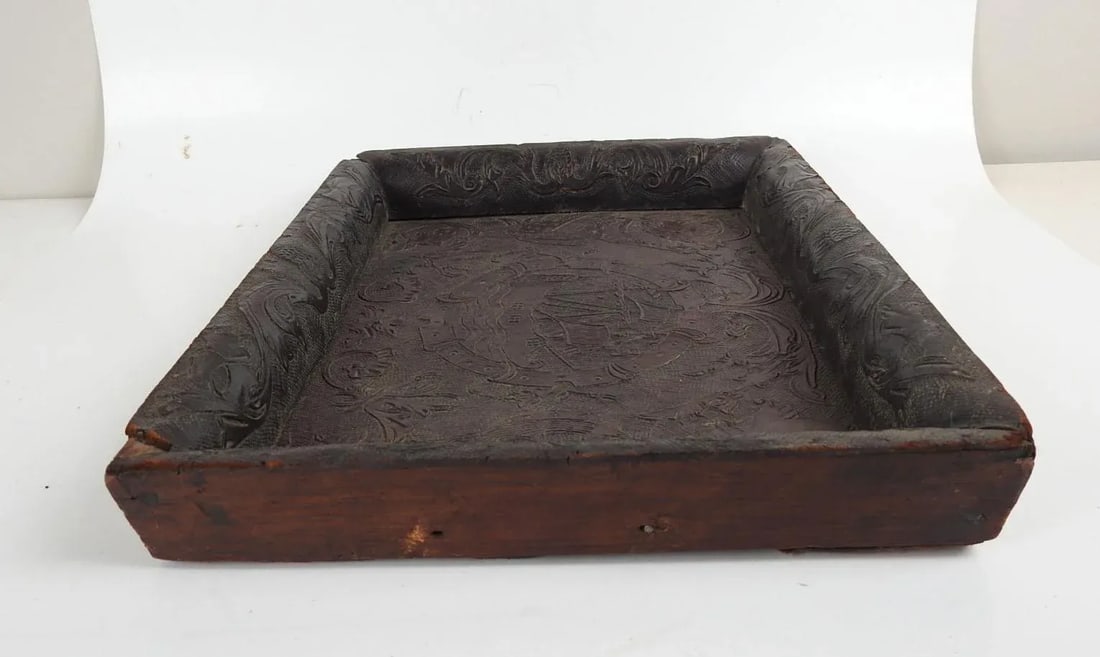 Antique 19th Century Hand Tooled Leather and Wood Tray - 4