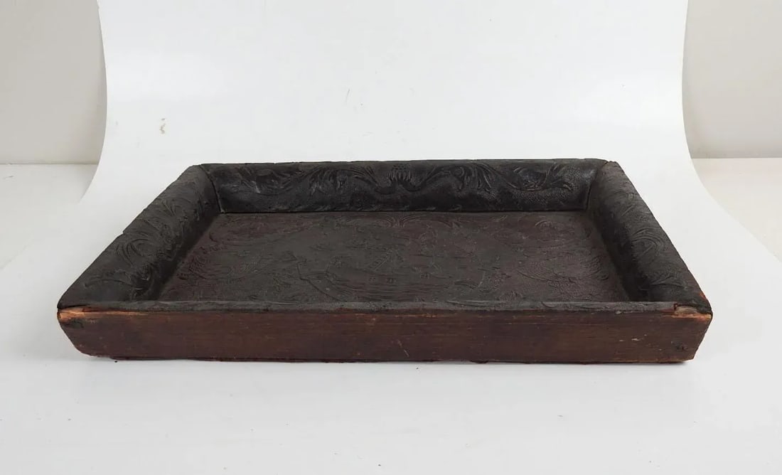 Antique 19th Century Hand Tooled Leather and Wood Tray - 5