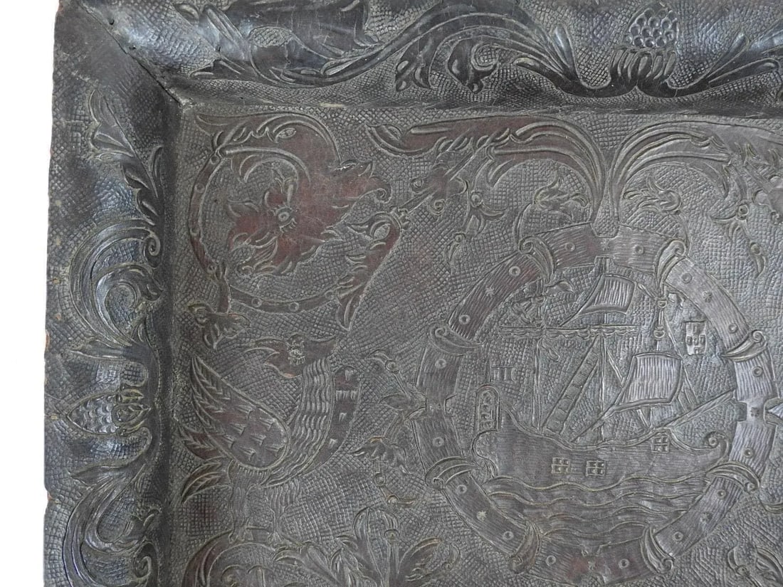 Antique 19th Century Hand Tooled Leather and Wood Tray - 8