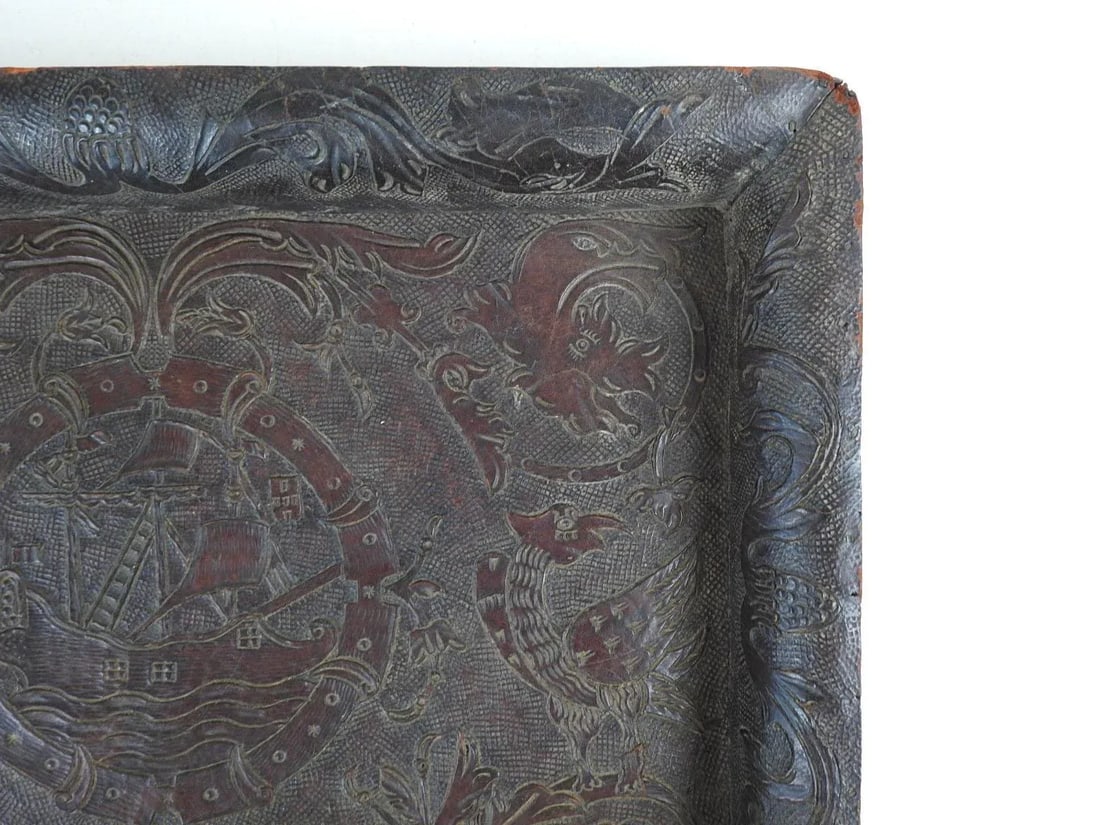 Antique 19th Century Hand Tooled Leather and Wood Tray - 9