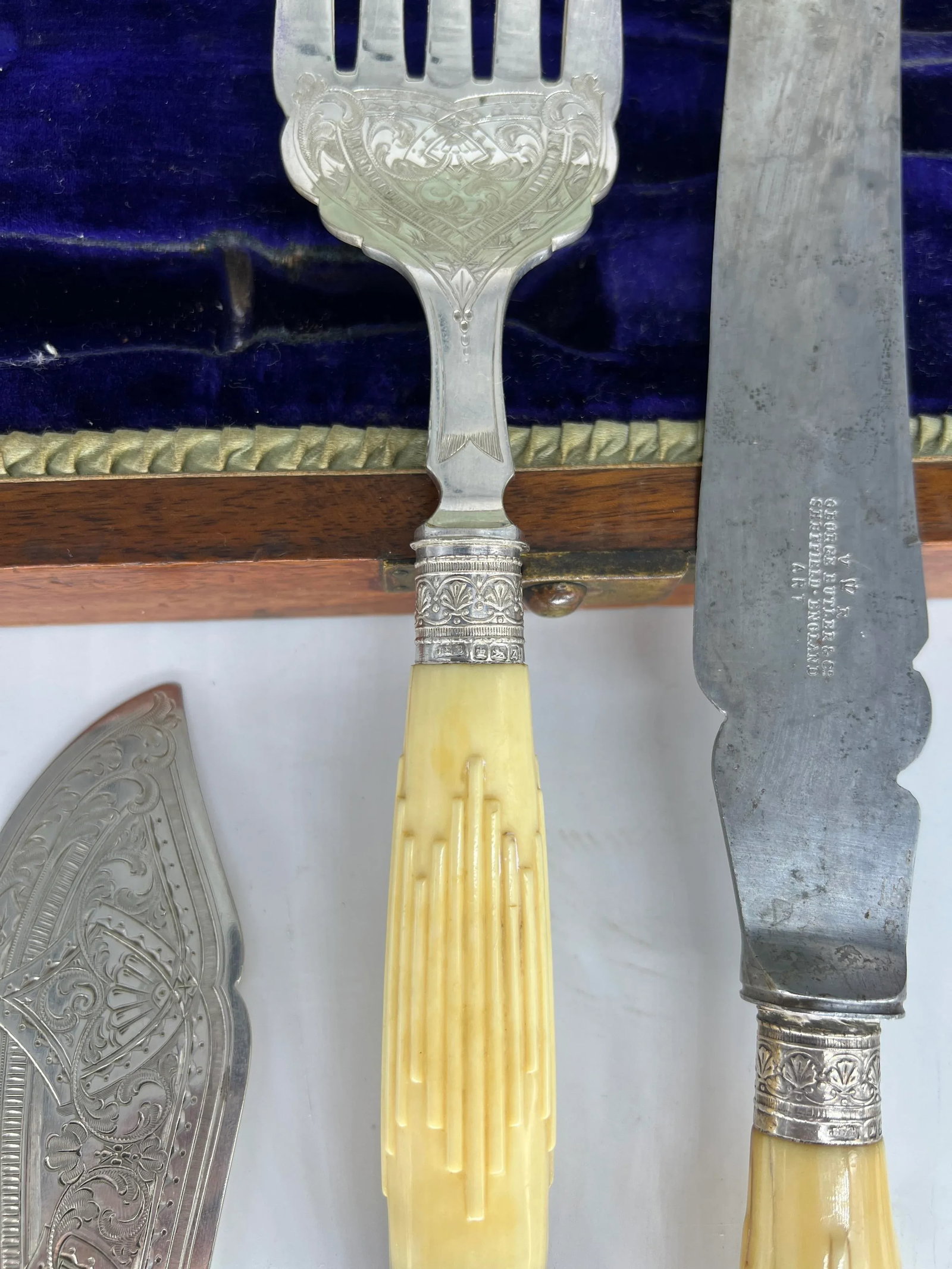 George Butler & Company 7 Piece Sterling Mounted Sheffield Cased Serving Set - 12