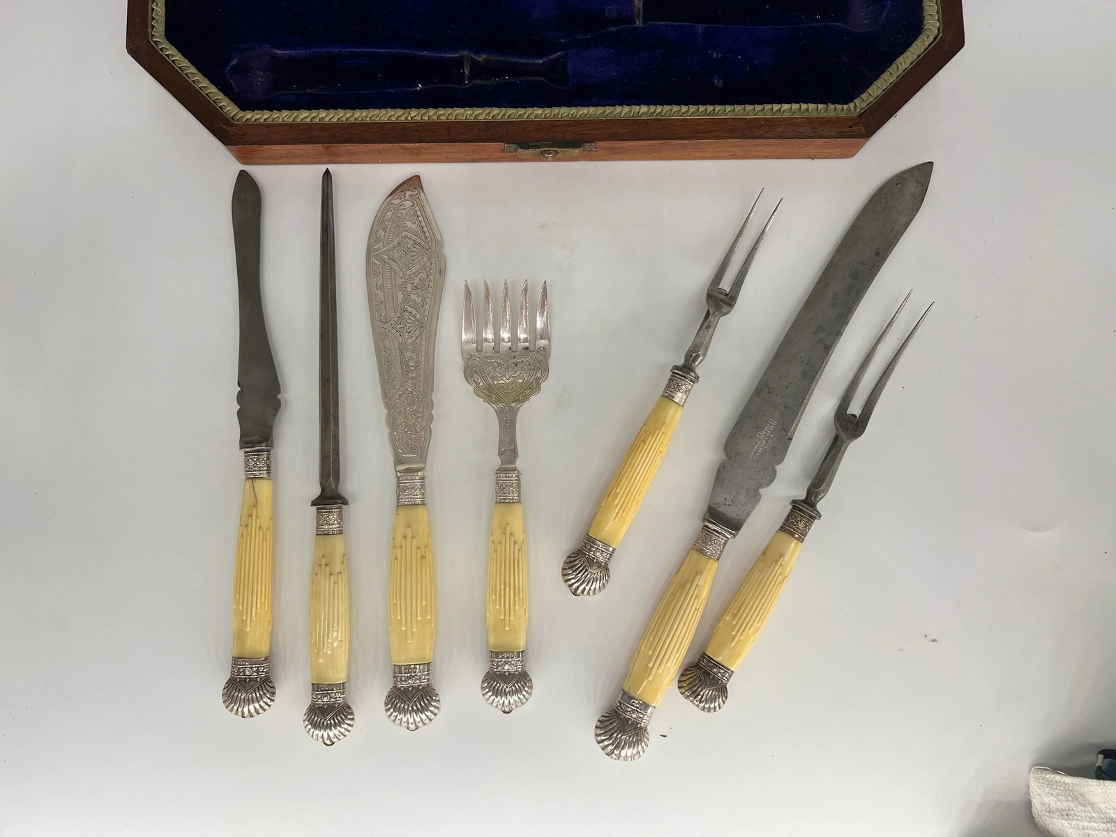 George Butler & Company 7 Piece Sterling Mounted Sheffield Cased Serving Set - 7