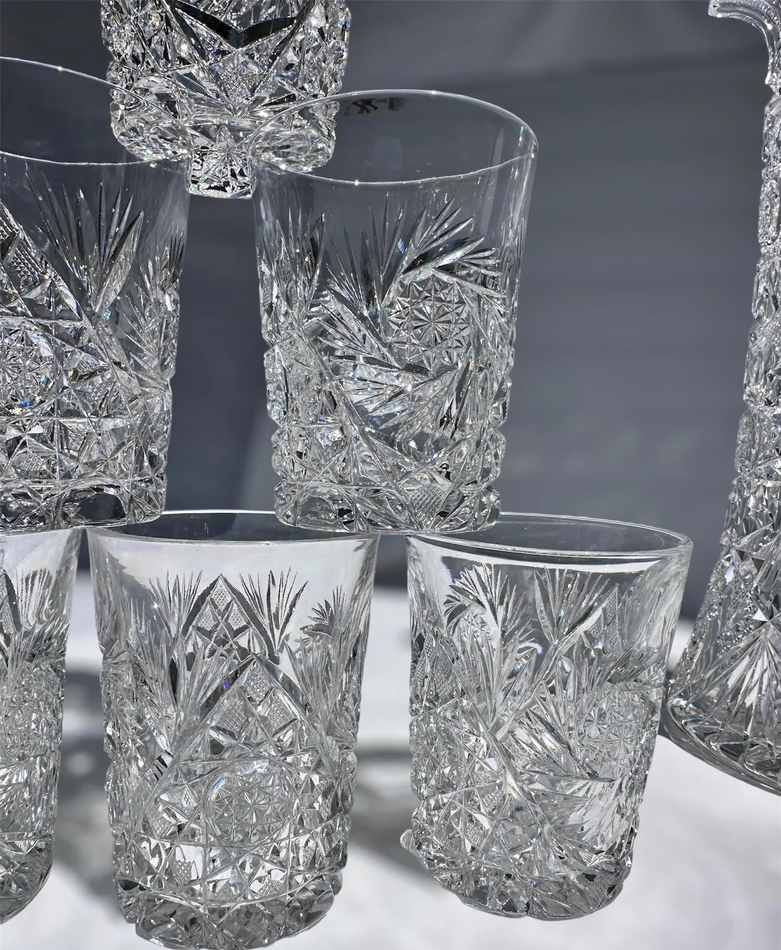 Antique Crystal Champagne Pitcher With Tumblers Set of 7 American Brilliant Period Late 1800's - 12