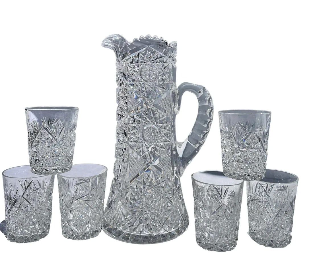 Antique Crystal Champagne Pitcher With Tumblers Set of 7 American Brilliant Period Late 1800's - 13