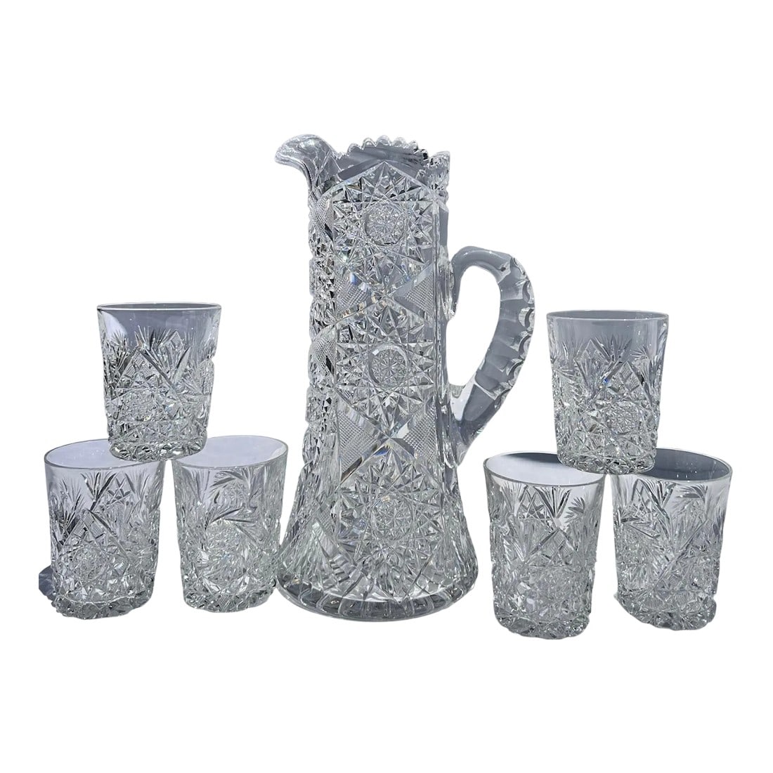 Antique Crystal Champagne Pitcher With Tumblers Set of 7 American Brilliant Period Late 1800's: American Brilliant Period (ABP) Cut Crystal Set of 7. American Brilliant Period ranged approximately from 1876 to WW1. America known as the finest cut glass in the world winning many awards. Champagne