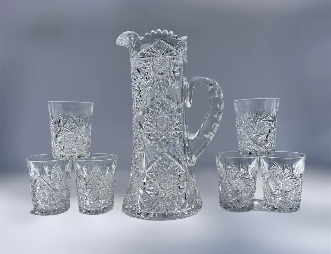 Antique Crystal Champagne Pitcher With Tumblers Set of 7 American Brilliant Period Late 1800's - 2