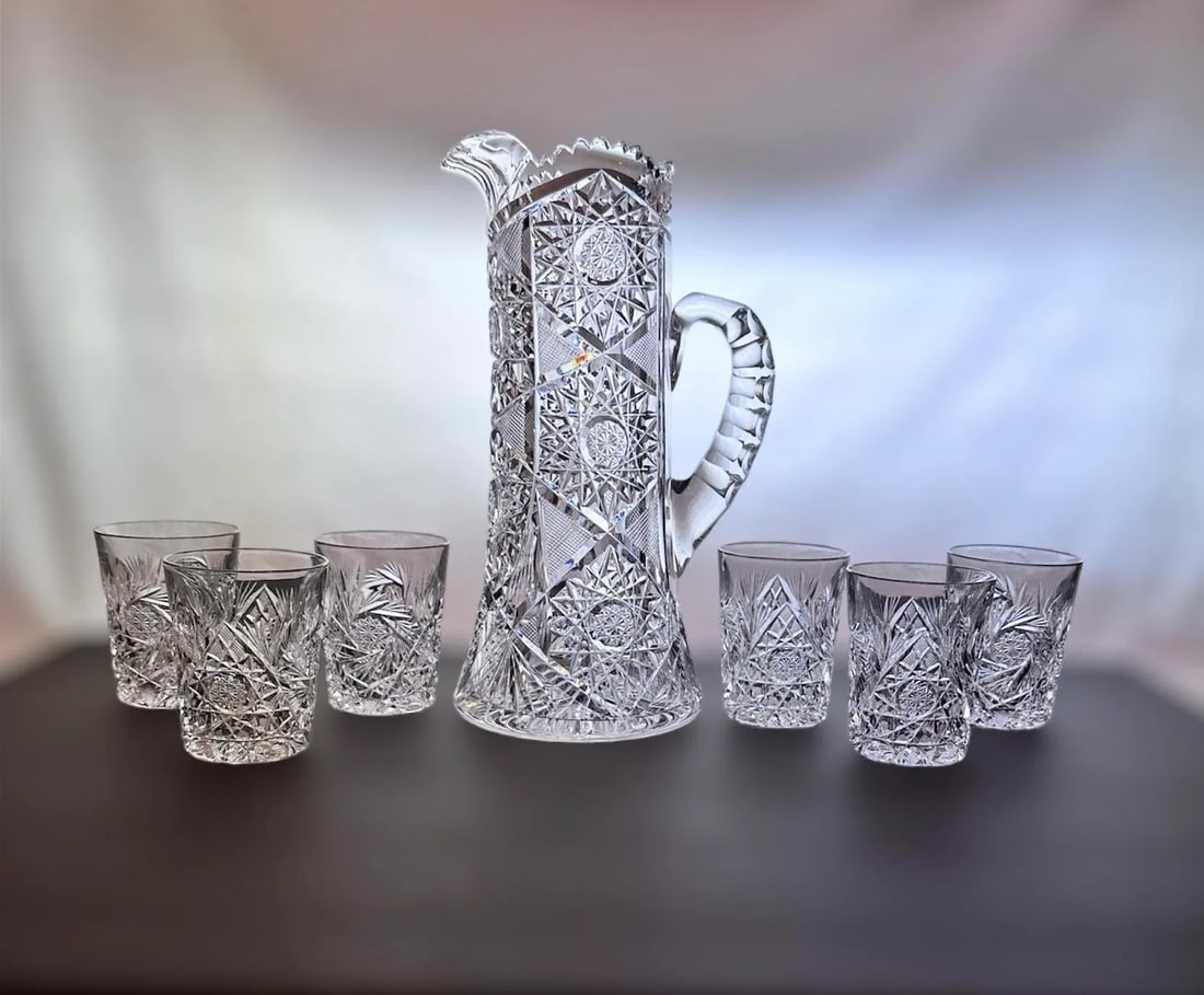 Antique Crystal Champagne Pitcher With Tumblers Set of 7 American Brilliant Period Late 1800's - 9