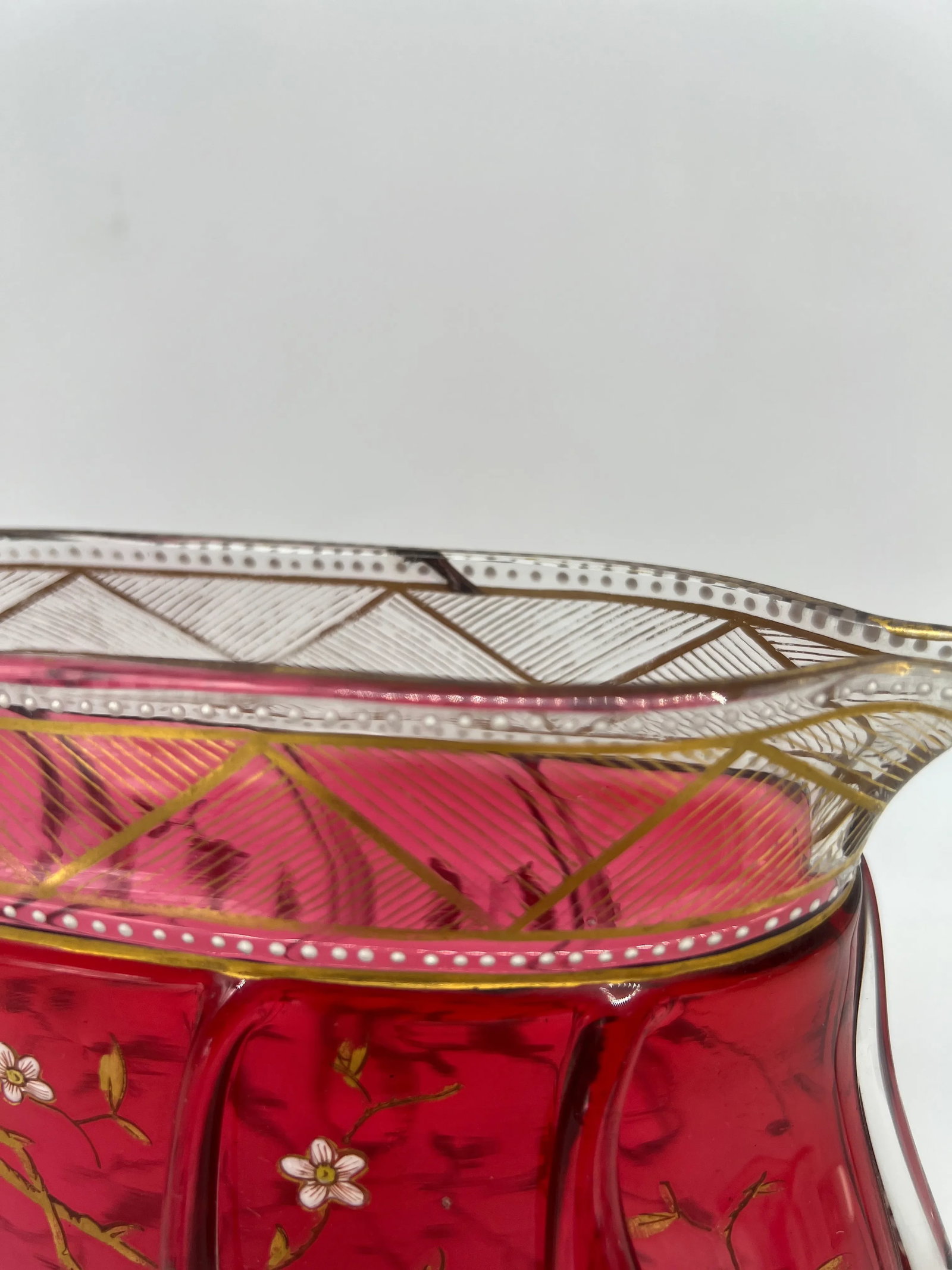 Rare Moser Floral Enamel & Drip Decorated Cranberry Art Glass Pitcher - 10