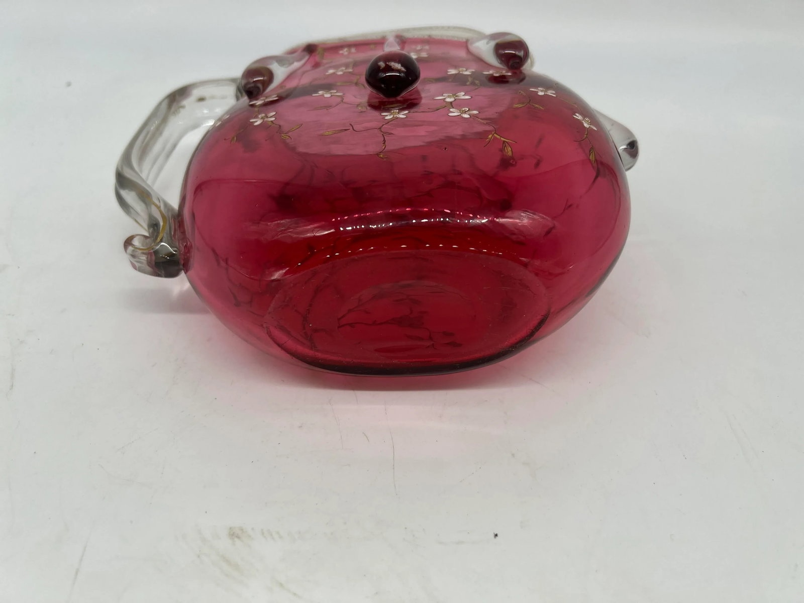 Rare Moser Floral Enamel & Drip Decorated Cranberry Art Glass Pitcher - 11