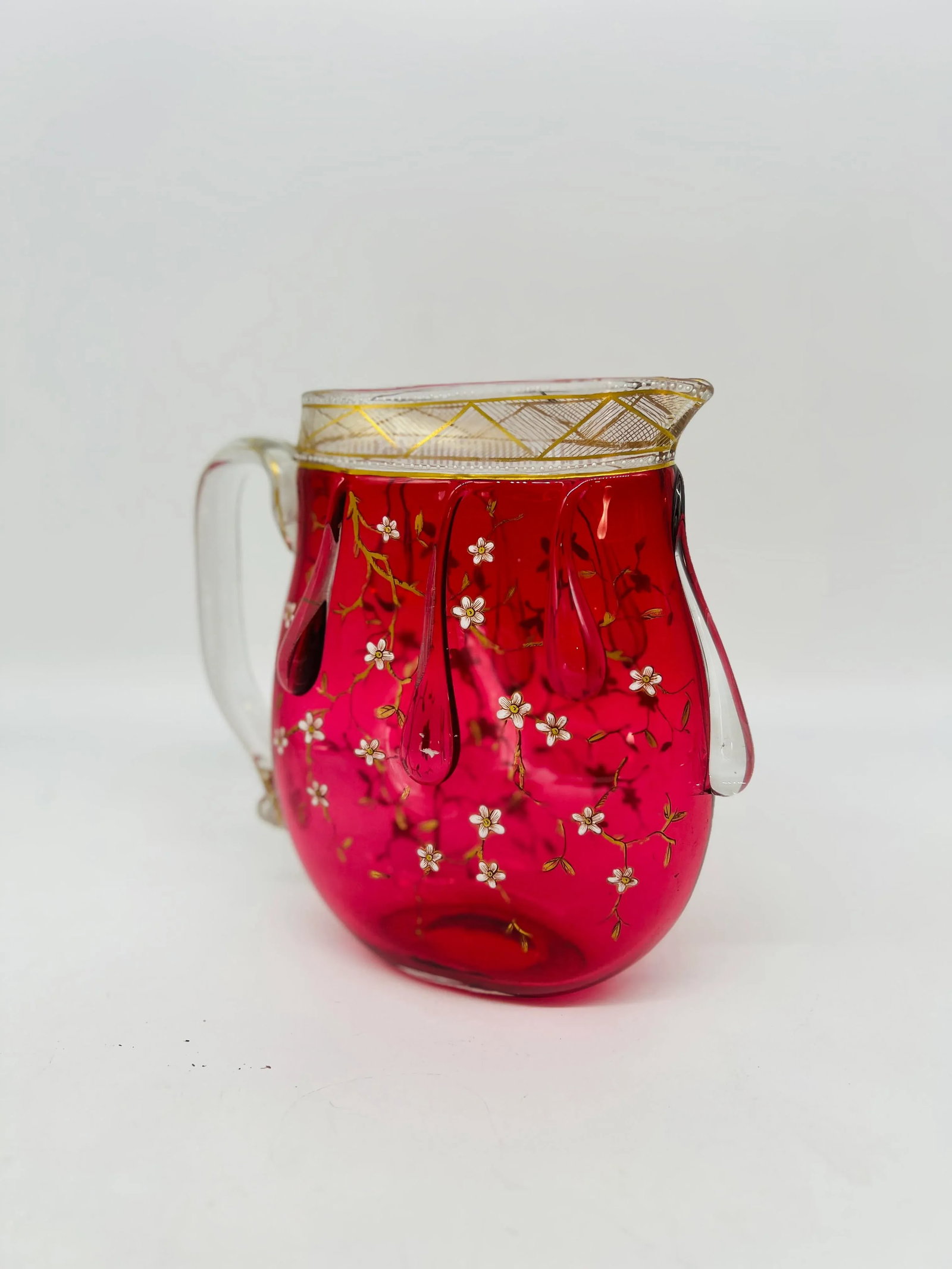 Rare Moser Floral Enamel & Drip Decorated Cranberry Art Glass Pitcher - 2