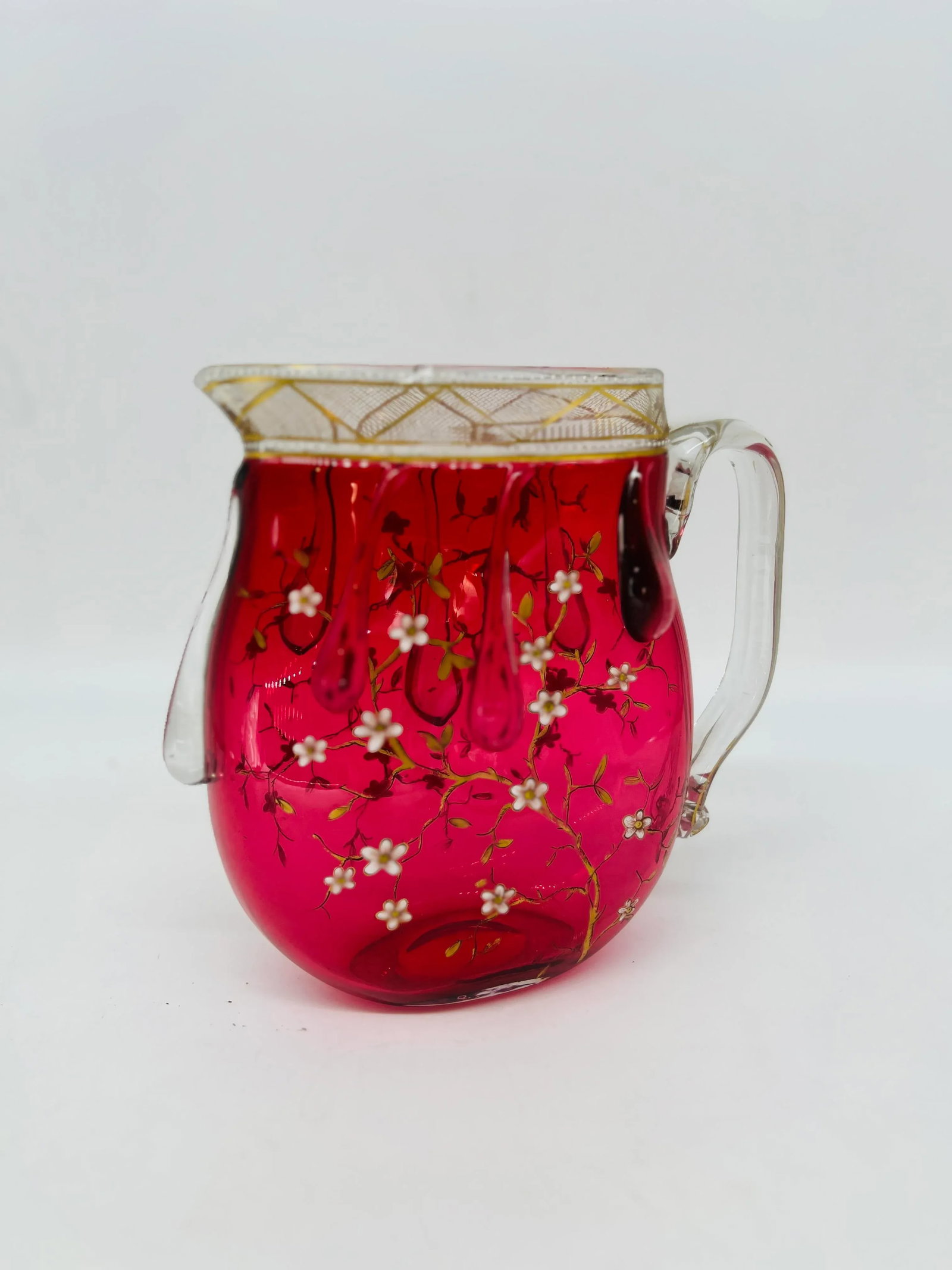Rare Moser Floral Enamel & Drip Decorated Cranberry Art Glass Pitcher - 4