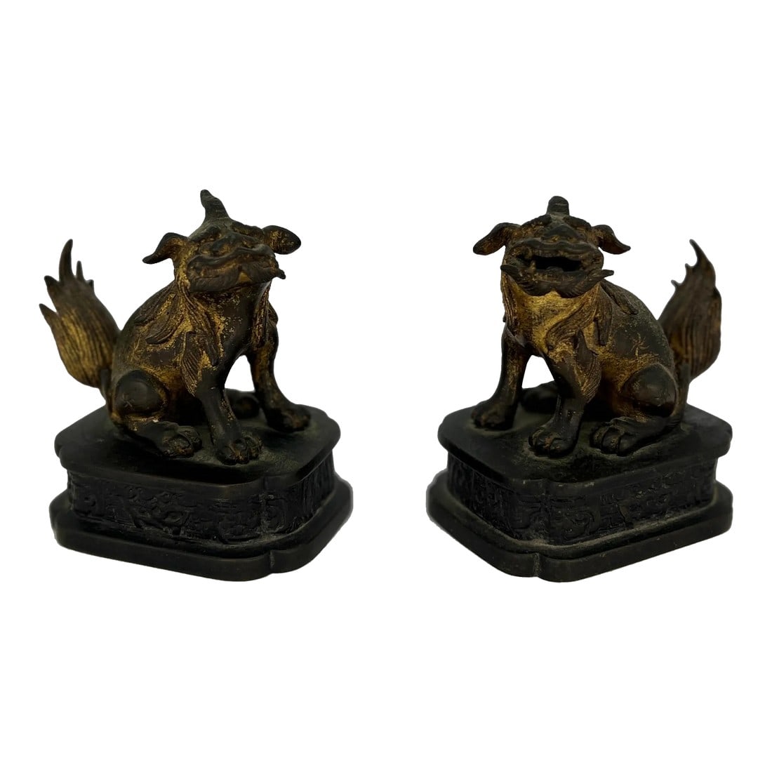 Pair, Ming Dynasty Gilt Bronze Diminutive Chinese Foo Dogs / Guardian Lions: Chinese, Ming Dynasty. Pair, Ming Dynasty Gilt Bronze Diminutive Chinese Foo Dogs or Guardian Lions of extraordinary quality and casting. Procured from an important New York Collection. "Chinese guard