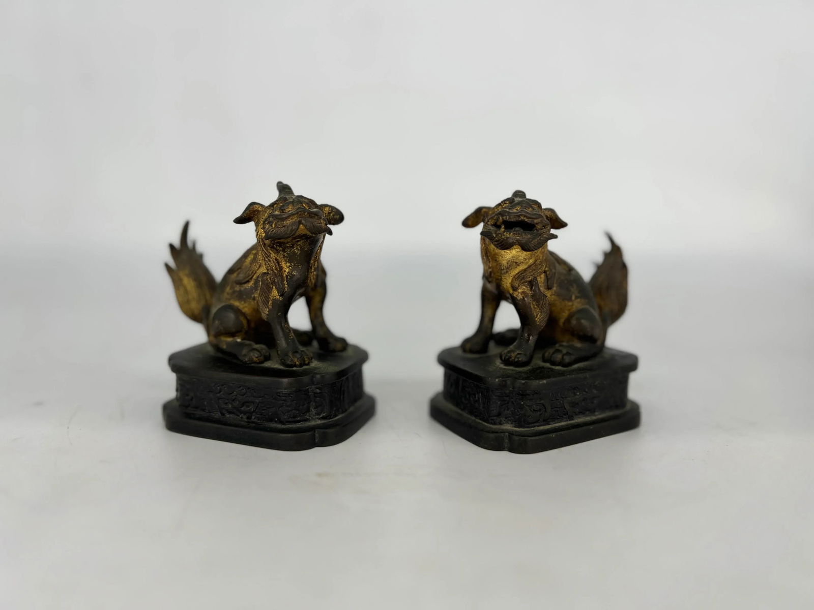 Pair, Ming Dynasty Gilt Bronze Diminutive Chinese Foo Dogs / Guardian Lions - 2