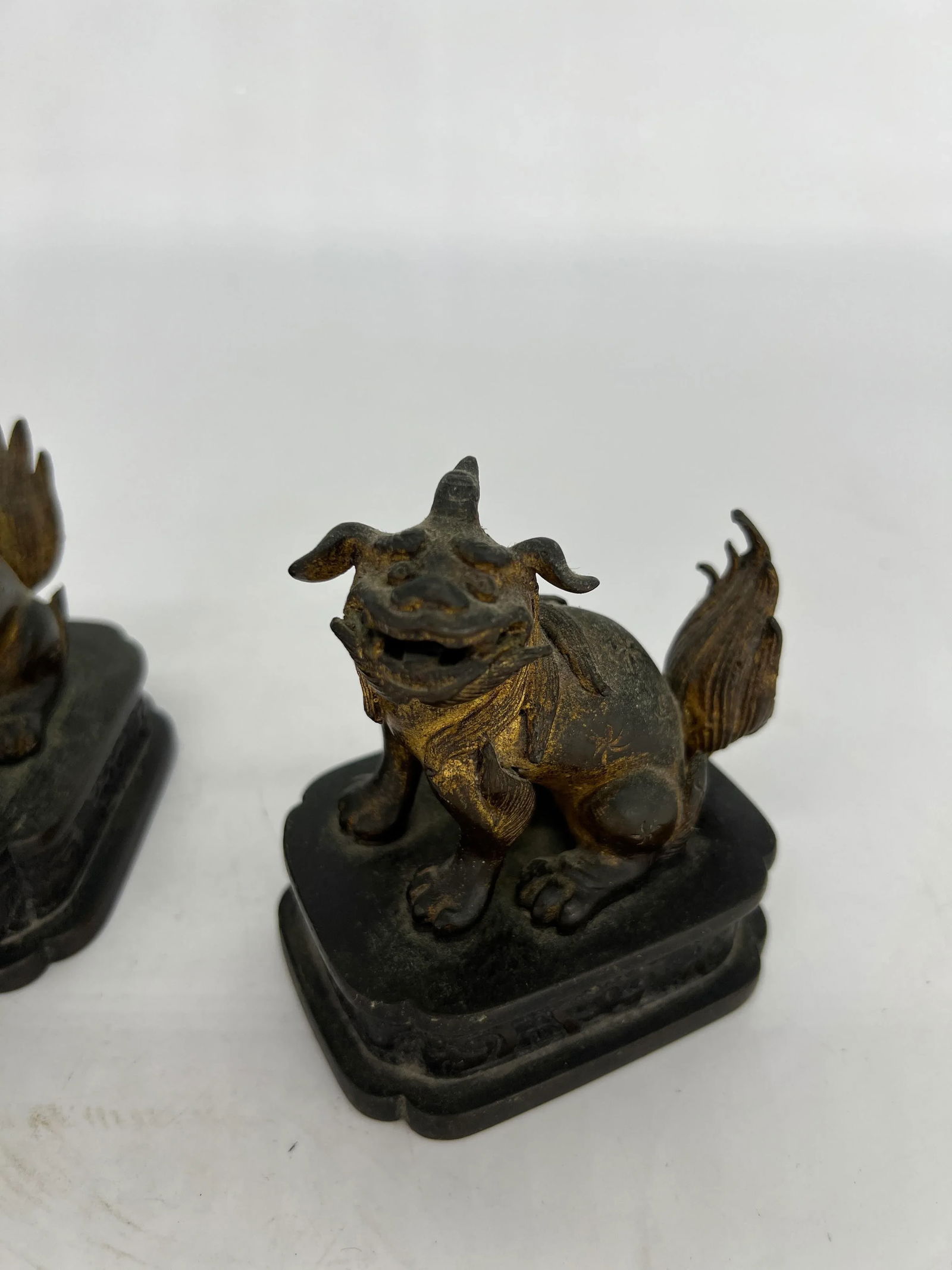 Pair, Ming Dynasty Gilt Bronze Diminutive Chinese Foo Dogs / Guardian Lions - 7