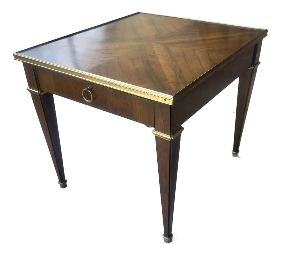Vintage Mid 20th Century Baker Furniture Neoclassical Walnut Side Table With Marquetry Inlays and Br: * Discover the perfect blend of elegance and functionality with this exquisite Vintage Baker Furniture Neoclassical Walnut Side Table. Renowned for their commitment to quality, Baker Furniture Company