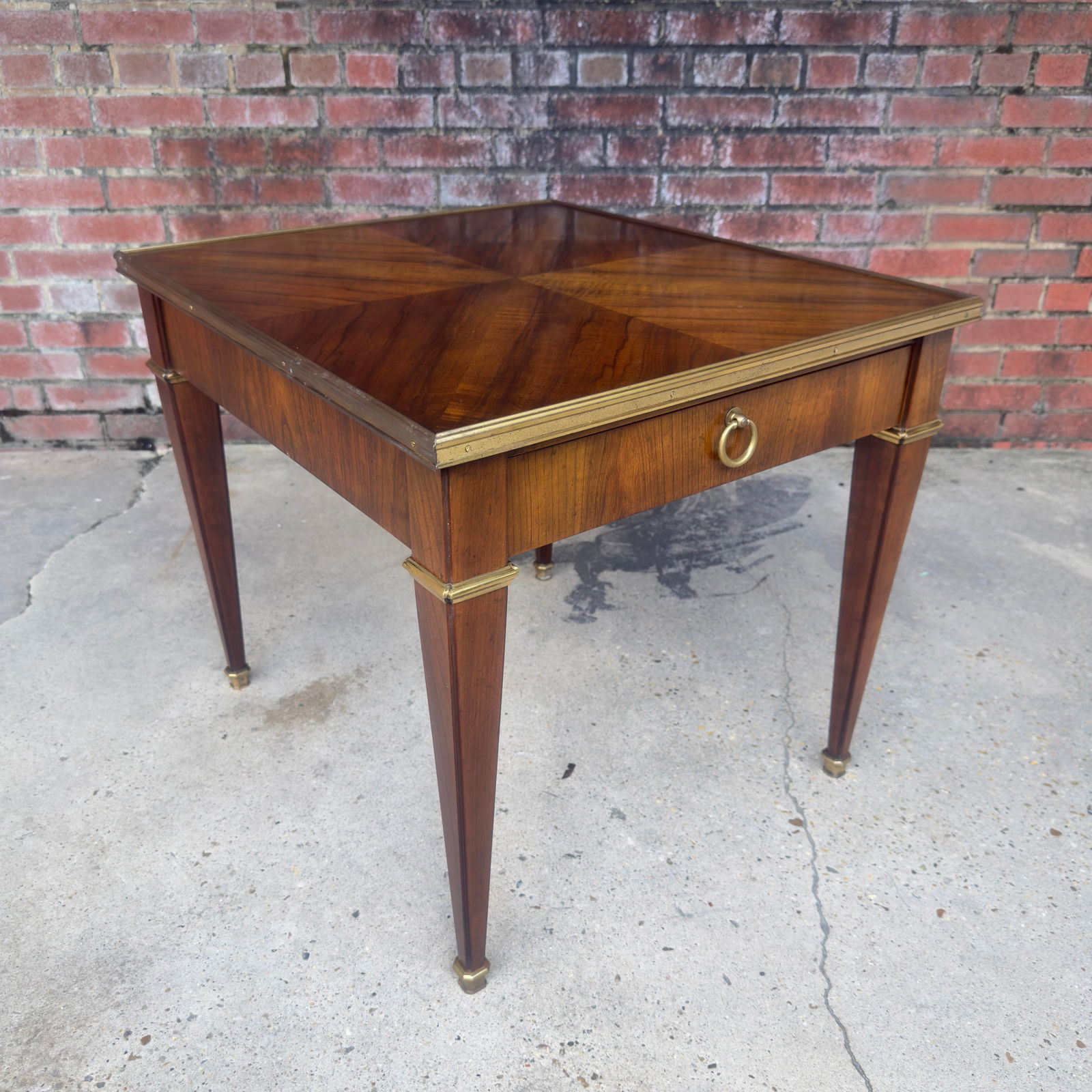 Vintage Mid 20th Century Baker Furniture Neoclassical Walnut Side Table With Marquetry Inlays and Br - 2