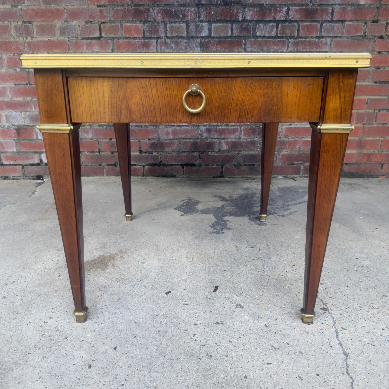 Vintage Mid 20th Century Baker Furniture Neoclassical Walnut Side Table With Marquetry Inlays and Br - 3