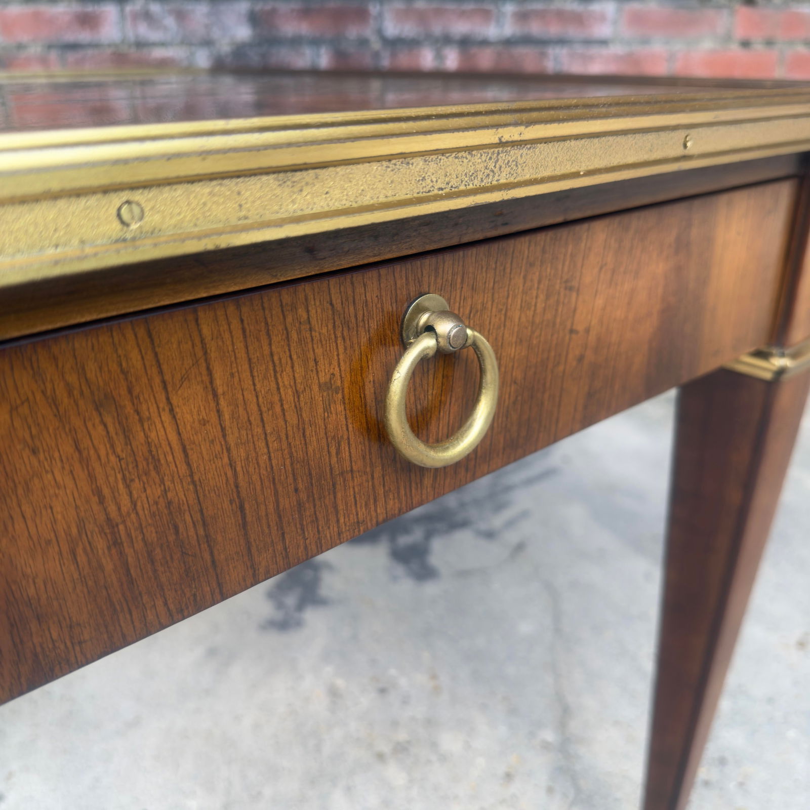 Vintage Mid 20th Century Baker Furniture Neoclassical Walnut Side Table With Marquetry Inlays and Br - 4