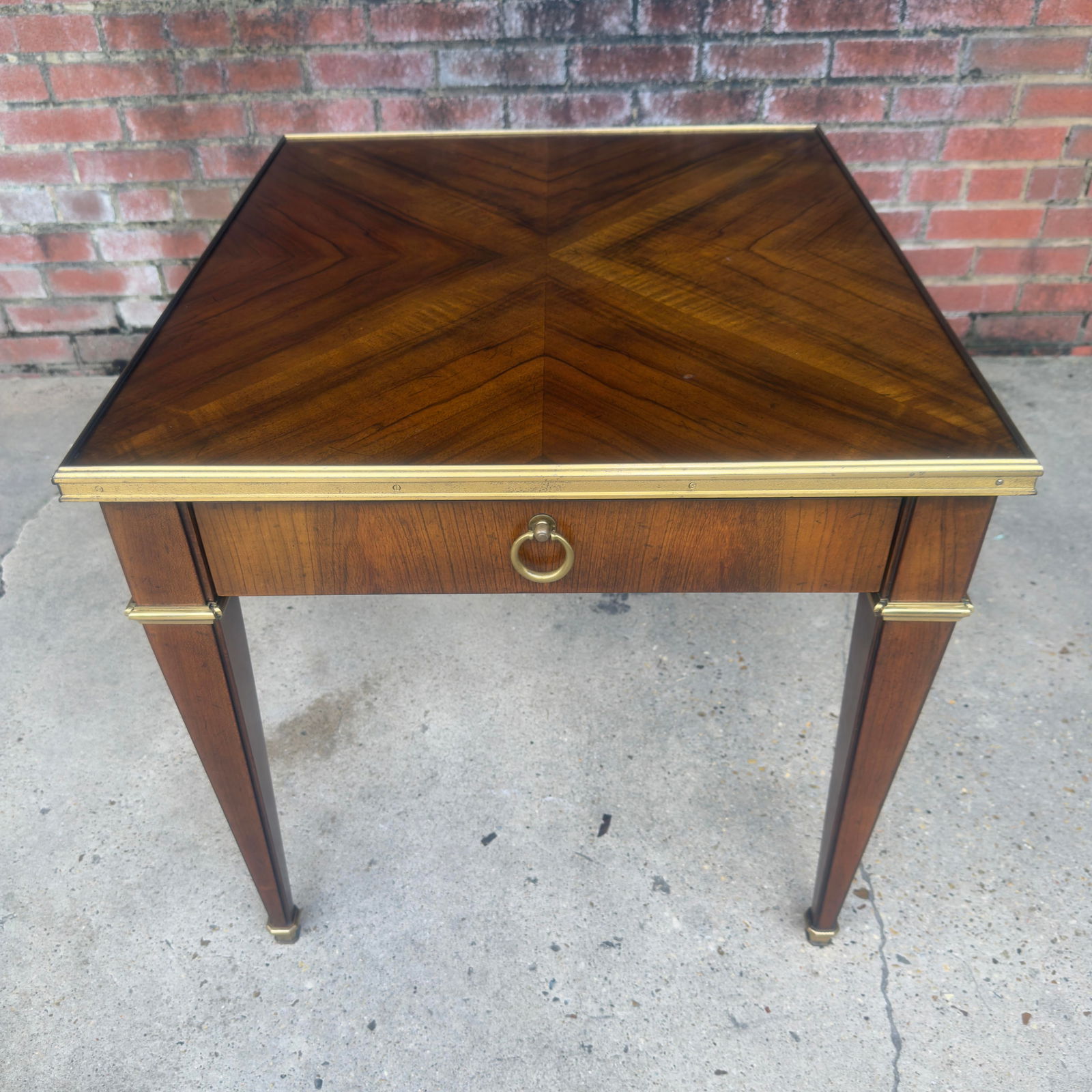 Vintage Mid 20th Century Baker Furniture Neoclassical Walnut Side Table With Marquetry Inlays and Br - 5