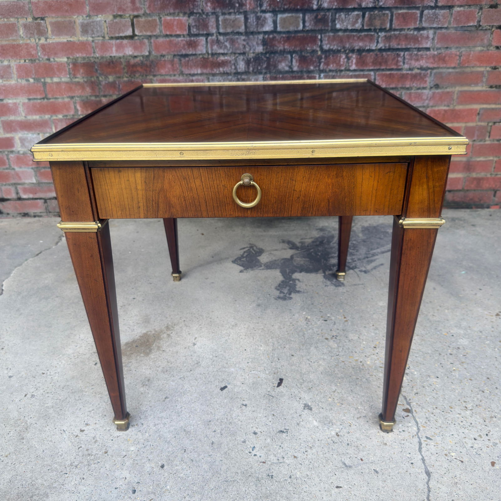 Vintage Mid 20th Century Baker Furniture Neoclassical Walnut Side Table With Marquetry Inlays and Br - 6