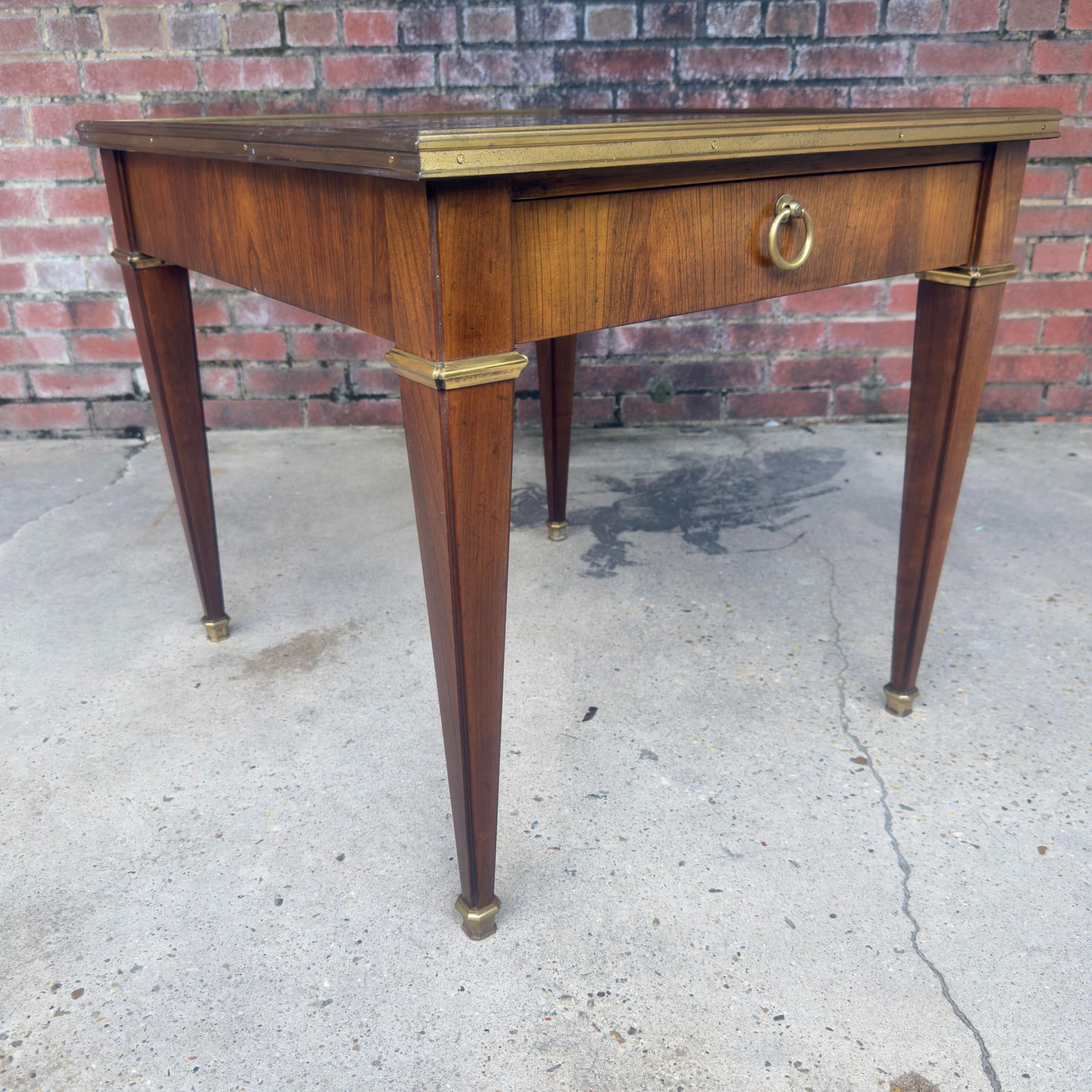 Vintage Mid 20th Century Baker Furniture Neoclassical Walnut Side Table With Marquetry Inlays and Br - 7