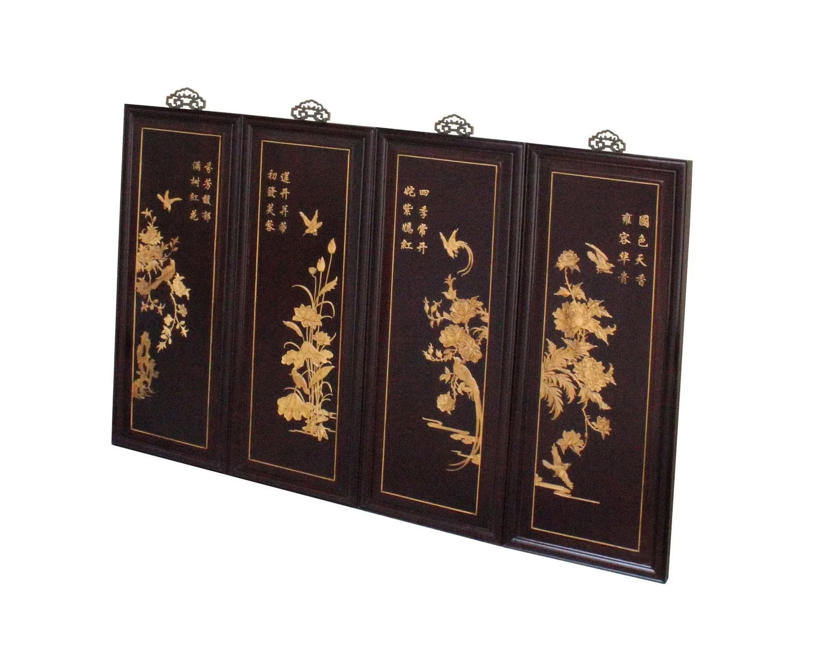 Chinese Flower Birds Huali Boxwood Motif Wall Panels - Set of 4 - 3