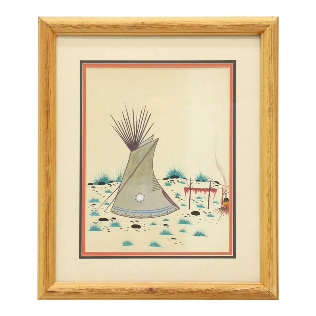 Original Signed 'Tipi and Campfire' by Woody Big Bow (Kiowa, 1914-1988), Framed: Original framed tempera painting on board, Tipi and Campfire, signed lower right Big Bow (Woodrow "Woody" Wilson Big Bow, Tse Ko Yate, Kiowa, Oklahoma, 1914-1988),. Dimensiosn sight: 13.75"h, 10.75"w