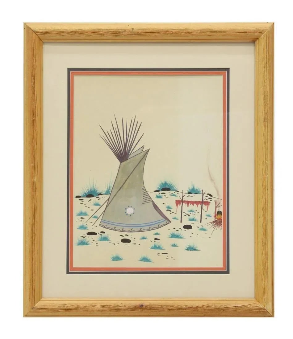 Original Signed 'Tipi and Campfire' by Woody Big Bow (Kiowa, 1914-1988), Framed - 3