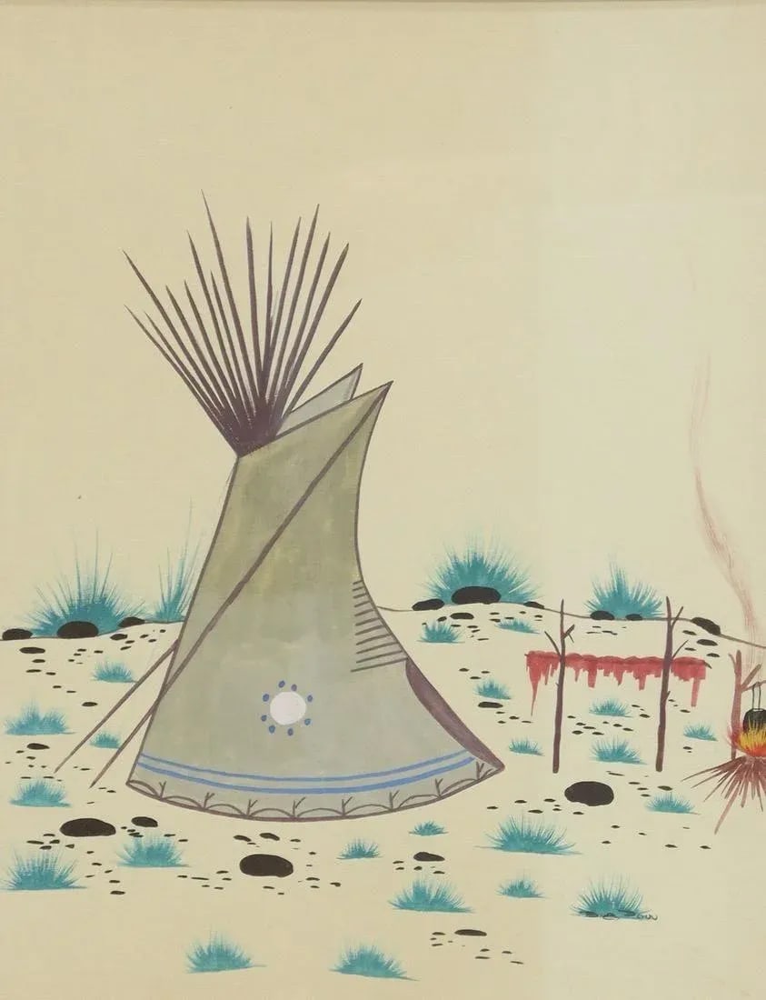 Original Signed 'Tipi and Campfire' by Woody Big Bow (Kiowa, 1914-1988), Framed - 4