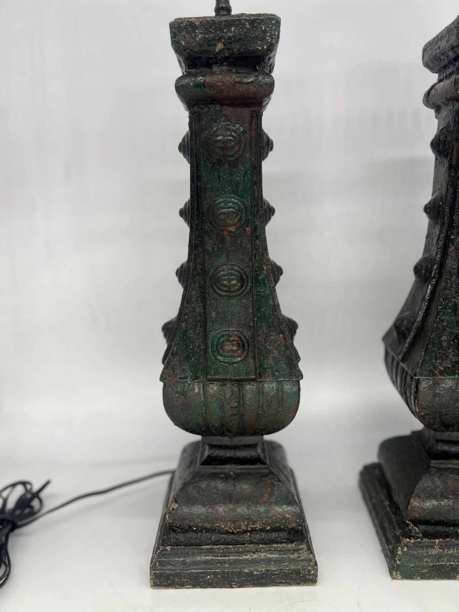 Pair, Antique French Cast Iron Architectural Fragment Paint Decorated Lamps - 2