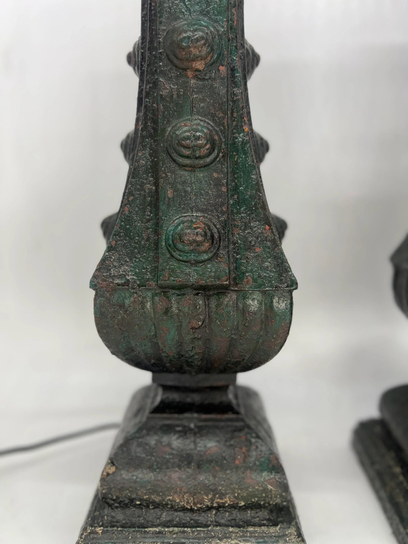 Pair, Antique French Cast Iron Architectural Fragment Paint Decorated Lamps - 3